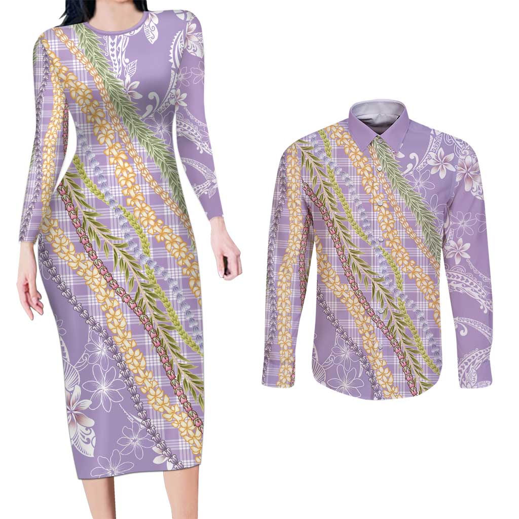 Purple Palaka Hawaii Leis Couples Matching Long Sleeve Bodycon Dress and Long Sleeve Button Shirt Hawaiian-plaid Elegant Tropical Vibes LT14 Purple - Polynesian Pride