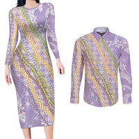 Purple Palaka Hawaii Leis Couples Matching Long Sleeve Bodycon Dress and Long Sleeve Button Shirt Hawaiian-plaid Elegant Tropical Vibes LT14 Purple - Polynesian Pride