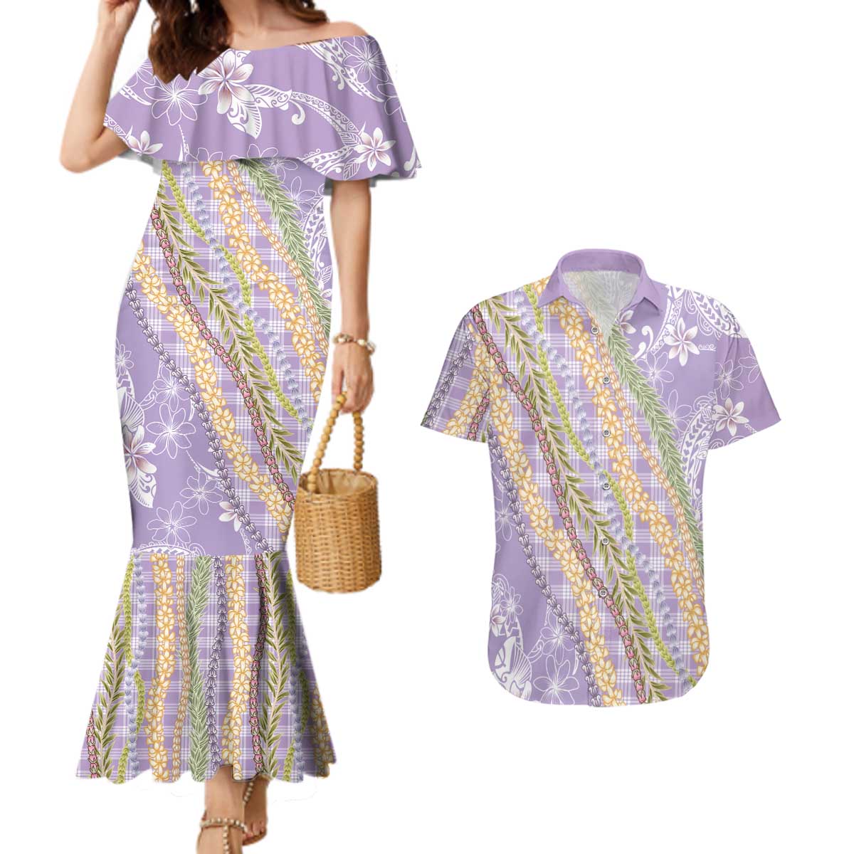 Purple Palaka Hawaii Leis Couples Matching Mermaid Dress and Hawaiian Shirt Hawaiian-plaid Elegant Tropical Vibes - Polynesian Pride