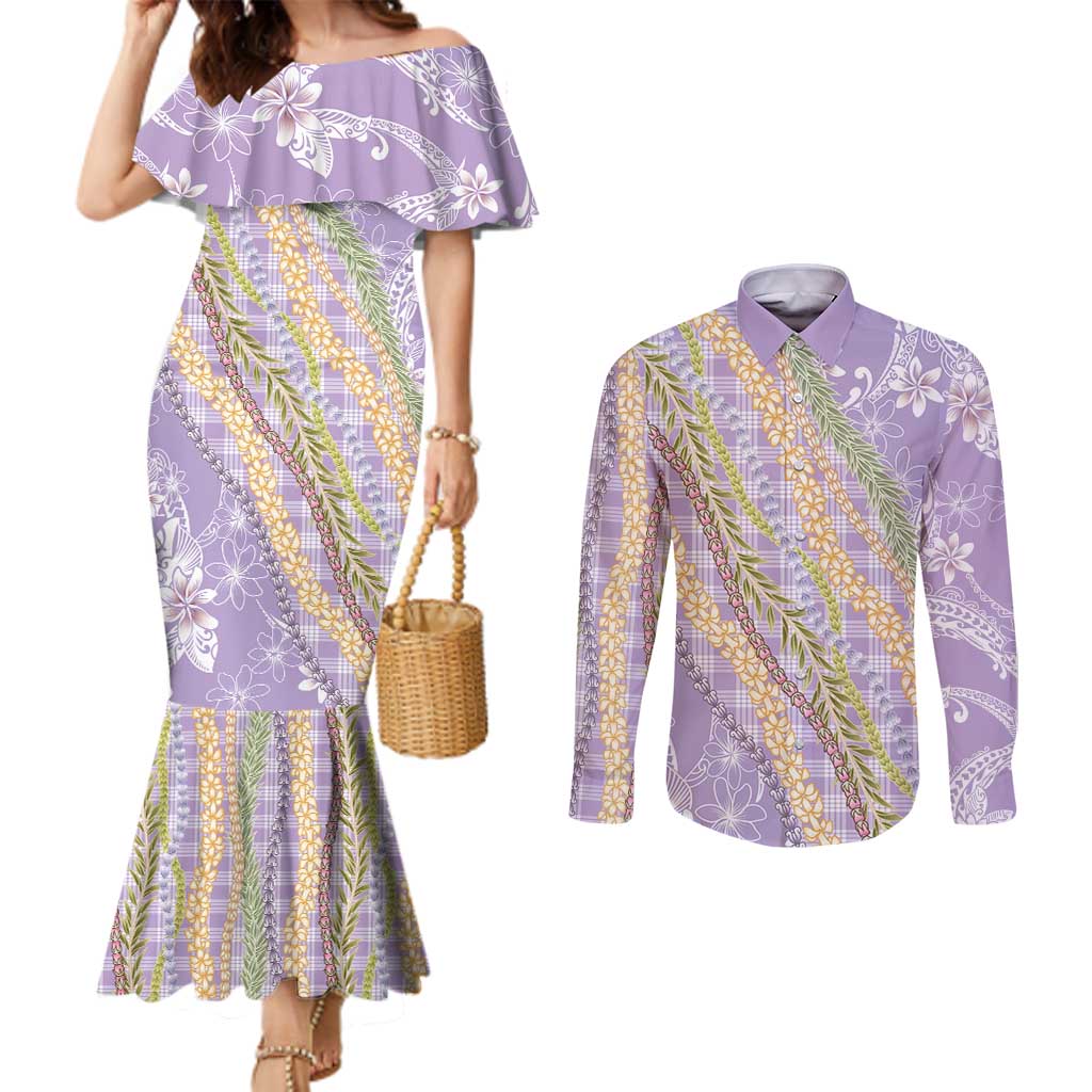 Purple Palaka Hawaii Leis Couples Matching Mermaid Dress and Long Sleeve Button Shirt Hawaiian-plaid Elegant Tropical Vibes - Polynesian Pride