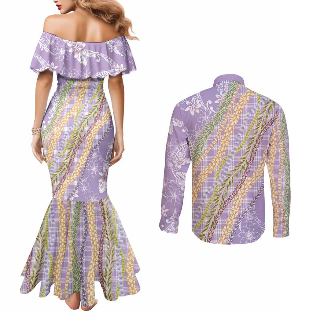 Purple Palaka Hawaii Leis Couples Matching Mermaid Dress and Long Sleeve Button Shirt Hawaiian-plaid Elegant Tropical Vibes LT14 - Polynesian Pride