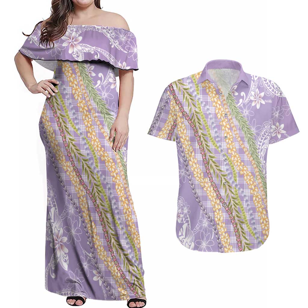 Purple Palaka Hawaii Leis Couples Matching Off Shoulder Maxi Dress and Hawaiian Shirt Hawaiian-plaid Elegant Tropical Vibes LT14 Purple - Polynesian Pride