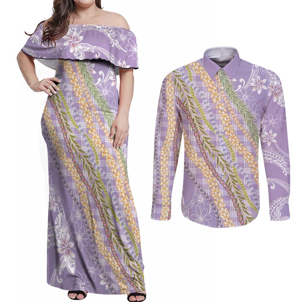 Purple Palaka Hawaii Leis Couples Matching Off Shoulder Maxi Dress and Long Sleeve Button Shirt Hawaiian-plaid Elegant Tropical Vibes LT14 Purple - Polynesian Pride