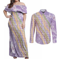 Purple Palaka Hawaii Leis Couples Matching Off Shoulder Maxi Dress and Long Sleeve Button Shirt Hawaiian-plaid Elegant Tropical Vibes LT14 Purple - Polynesian Pride