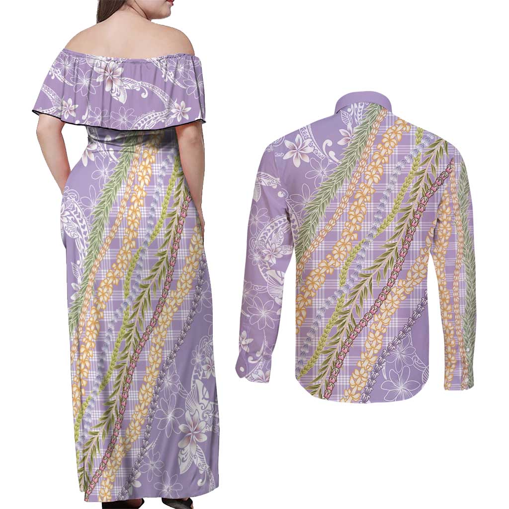 Purple Palaka Hawaii Leis Couples Matching Off Shoulder Maxi Dress and Long Sleeve Button Shirt Hawaiian-plaid Elegant Tropical Vibes LT14 - Polynesian Pride