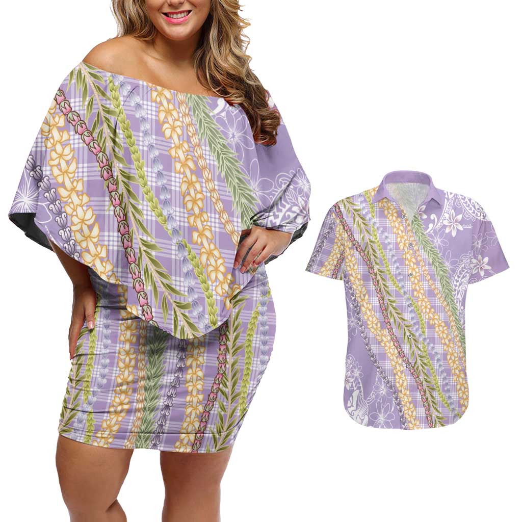 Purple Palaka Hawaii Leis Couples Matching Off Shoulder Short Dress and Hawaiian Shirt Hawaiian-plaid Elegant Tropical Vibes LT14 Purple - Polynesian Pride