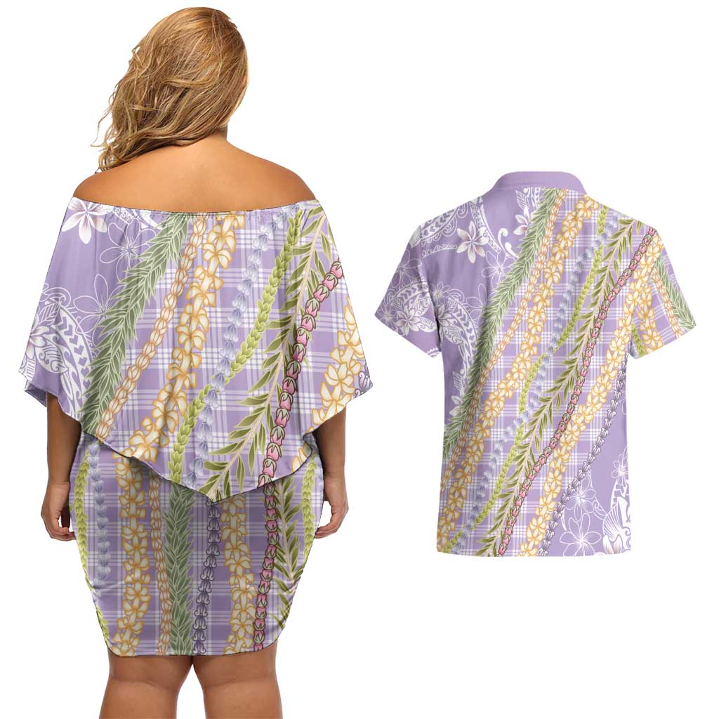 Purple Palaka Hawaii Leis Couples Matching Off Shoulder Short Dress and Hawaiian Shirt Hawaiian-plaid Elegant Tropical Vibes LT14 - Polynesian Pride