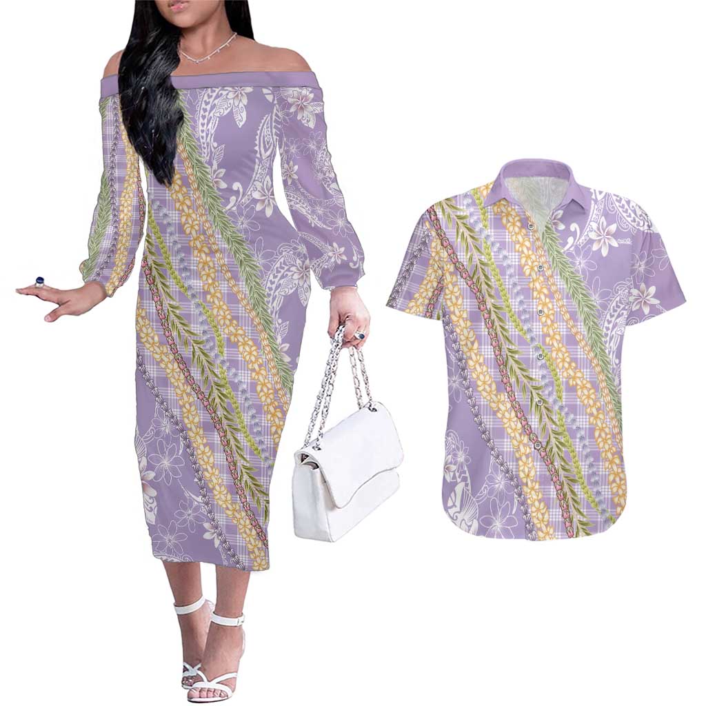 Purple Palaka Hawaii Leis Couples Matching Off The Shoulder Long Sleeve Dress and Hawaiian Shirt Hawaiian-plaid Elegant Tropical Vibes LT14 Purple - Polynesian Pride