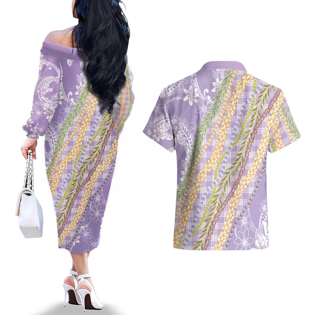 Purple Palaka Hawaii Leis Couples Matching Off The Shoulder Long Sleeve Dress and Hawaiian Shirt Hawaiian-plaid Elegant Tropical Vibes LT14 - Polynesian Pride