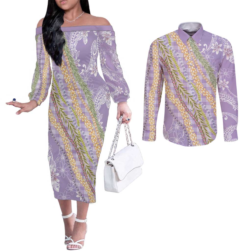 Purple Palaka Hawaii Leis Couples Matching Off The Shoulder Long Sleeve Dress and Long Sleeve Button Shirt Hawaiian-plaid Elegant Tropical Vibes LT14 Purple - Polynesian Pride