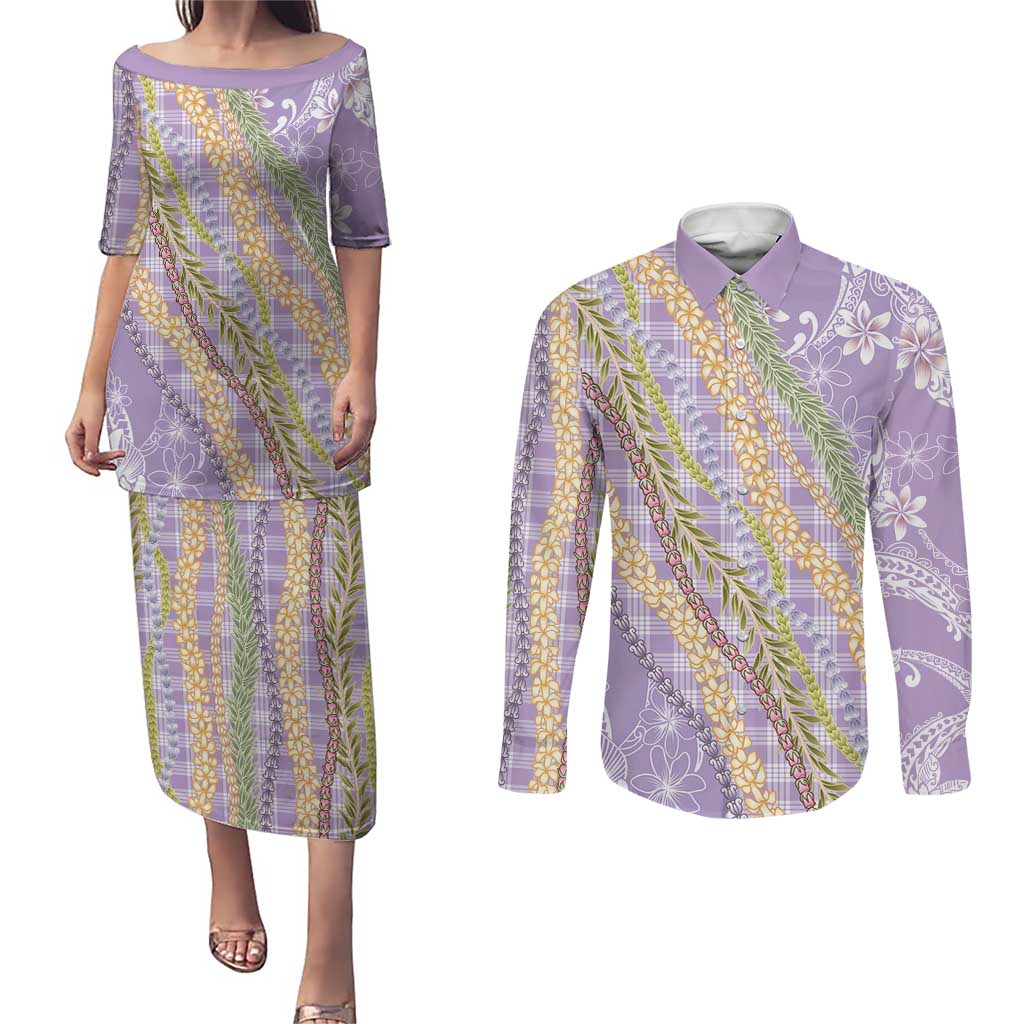 Purple Palaka Hawaii Leis Couples Matching Puletasi and Long Sleeve Button Shirt Hawaiian-plaid Elegant Tropical Vibes LT14 Purple - Polynesian Pride