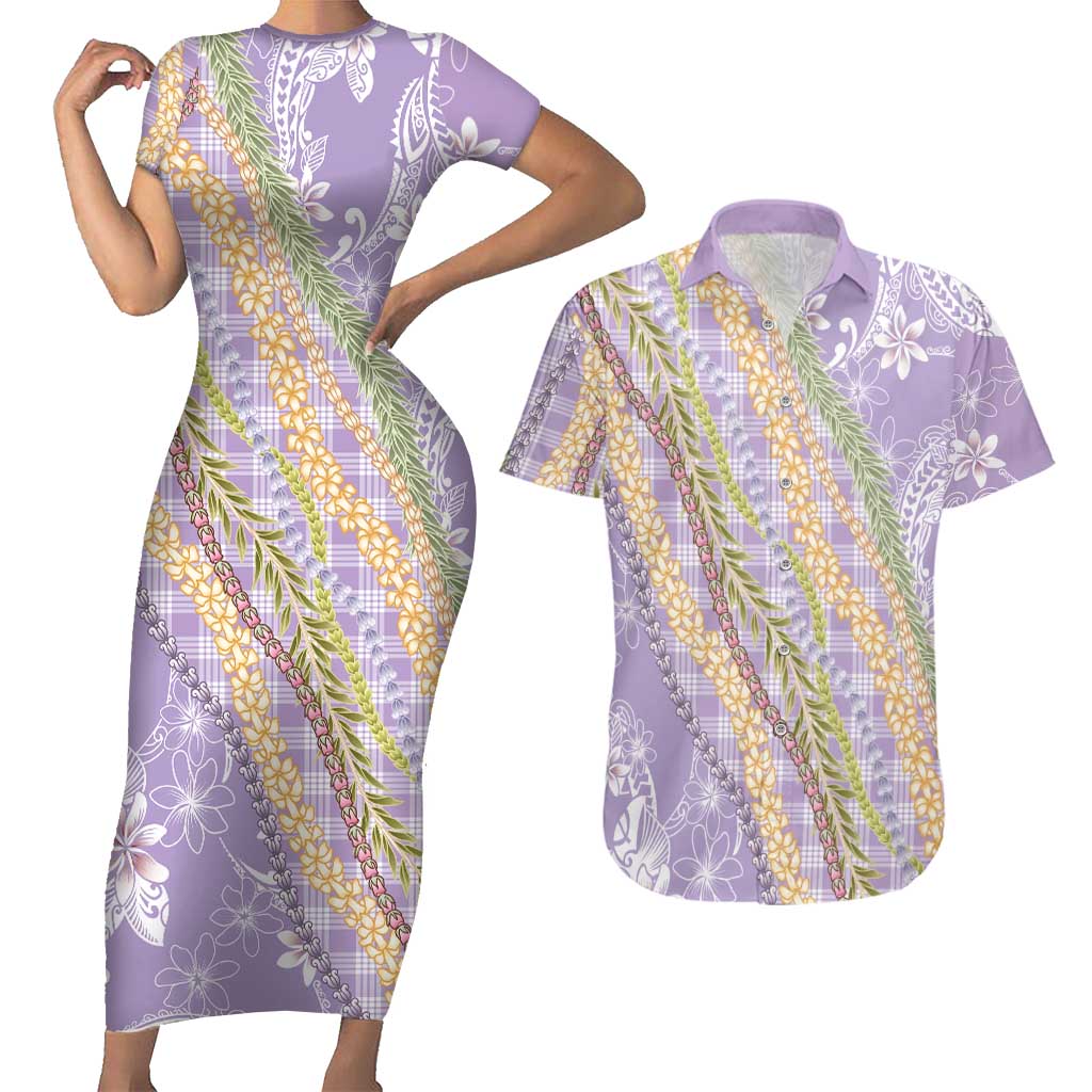 Purple Palaka Hawaii Leis Couples Matching Short Sleeve Bodycon Dress and Hawaiian Shirt Hawaiian-plaid Elegant Tropical Vibes LT14 Purple - Polynesian Pride
