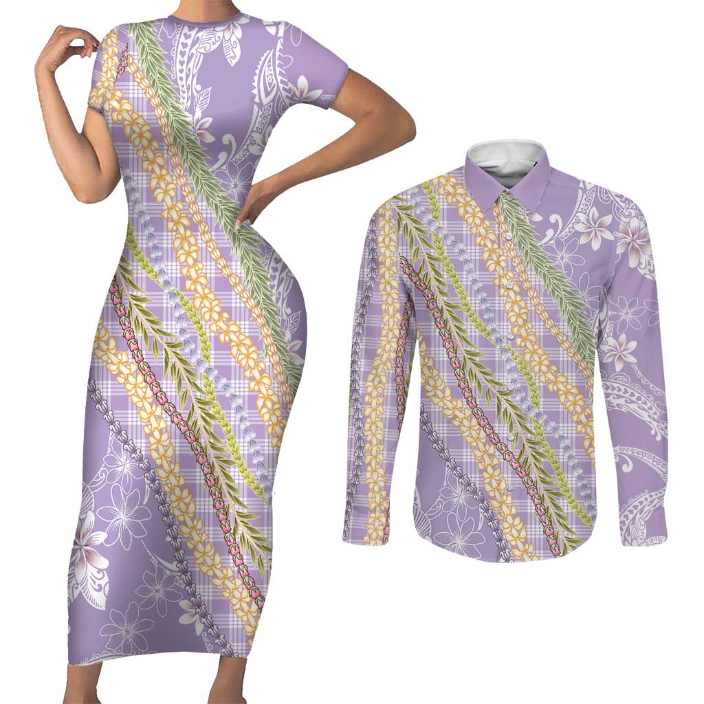Purple Palaka Hawaii Leis Couples Matching Short Sleeve Bodycon Dress and Long Sleeve Button Shirt Hawaiian-plaid Elegant Tropical Vibes LT14 Purple - Polynesian Pride