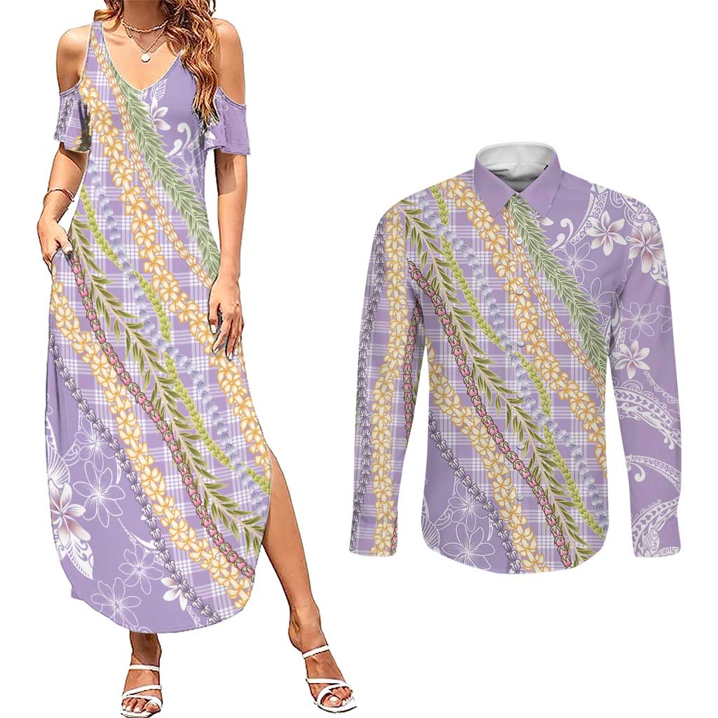 Purple Palaka Hawaii Leis Couples Matching Summer Maxi Dress and Long Sleeve Button Shirt Hawaiian-plaid Elegant Tropical Vibes - Polynesian Pride