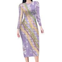 Purple Palaka Hawaii Leis Long Sleeve Bodycon Dress Hawaiian-plaid Elegant Tropical Vibes LT14 Long Dress Purple - Polynesian Pride