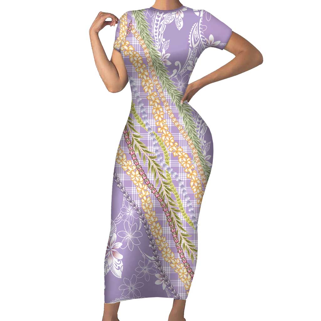 Purple Palaka Hawaii Leis Short Sleeve Bodycon Dress Hawaiian-plaid Elegant Tropical Vibes LT14 Long Dress Purple - Polynesian Pride