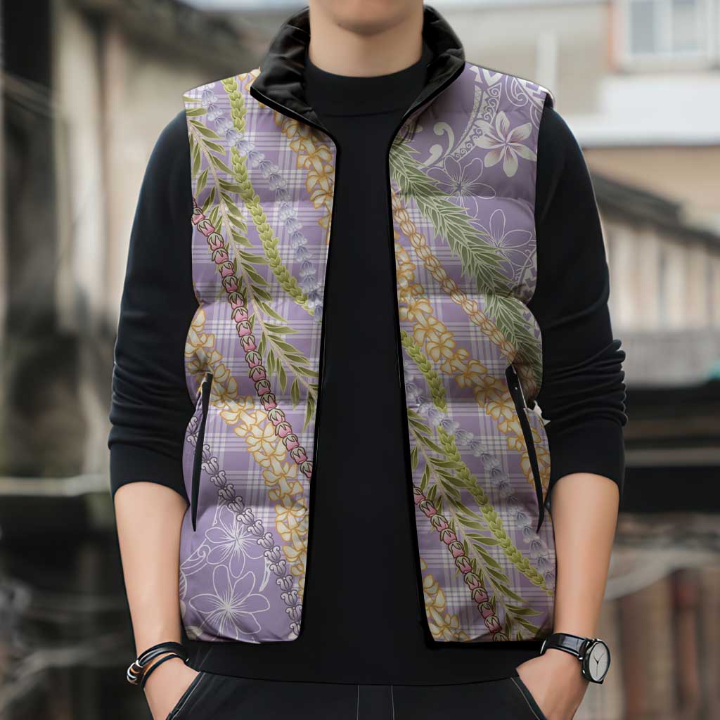 Purple Palaka Hawaii Leis Sleeveless Puffer Jacket Hawaiian-plaid Elegant Tropical Vibes - Polynesian Pride