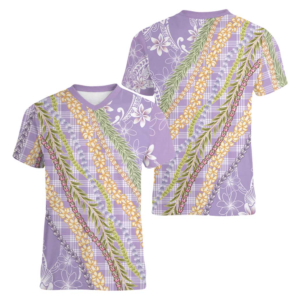 Purple Palaka Hawaii Leis Women V-Neck T-Shirt Hawaiian-plaid Elegant Tropical Vibes LT14 - Polynesian Pride