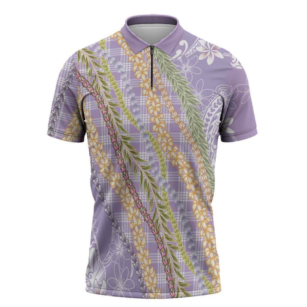 Purple Palaka Hawaii Leis Zipper Polo Shirt Hawaiian-plaid Elegant Tropical Vibes - Polynesian Pride