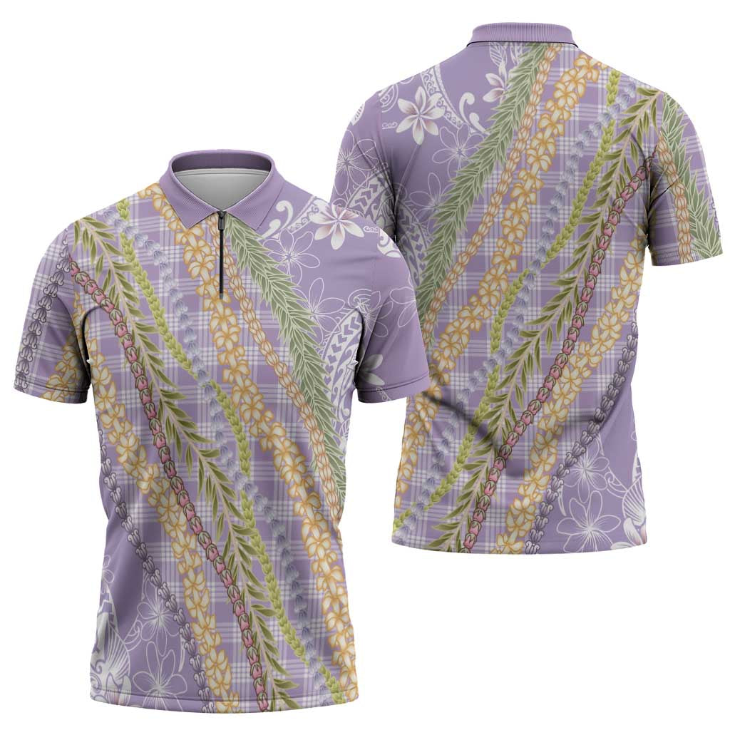 Purple Palaka Hawaii Leis Zipper Polo Shirt Hawaiian-plaid Elegant Tropical Vibes - Polynesian Pride