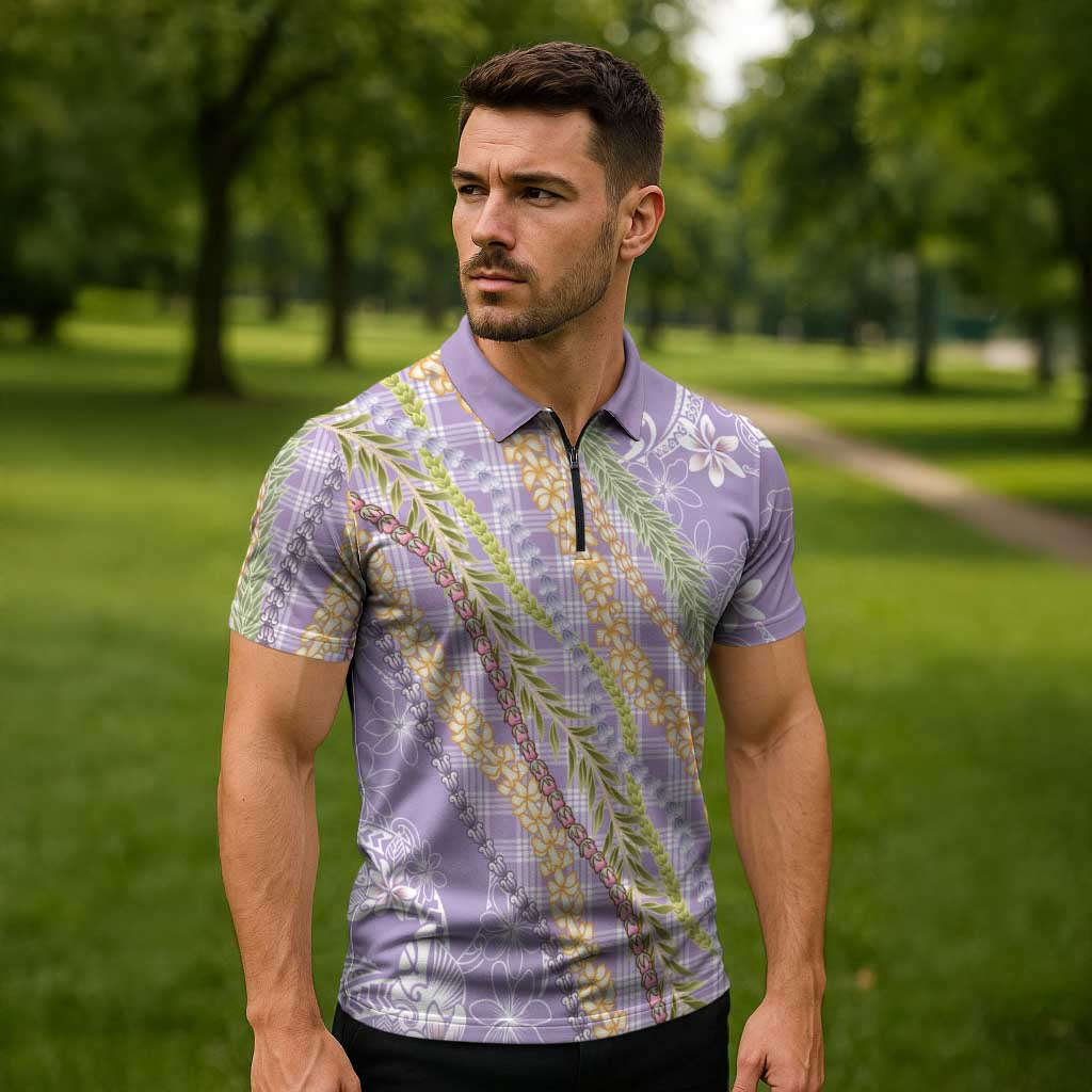 Purple Palaka Hawaii Leis Zipper Polo Shirt Hawaiian-plaid Elegant Tropical Vibes - Polynesian Pride