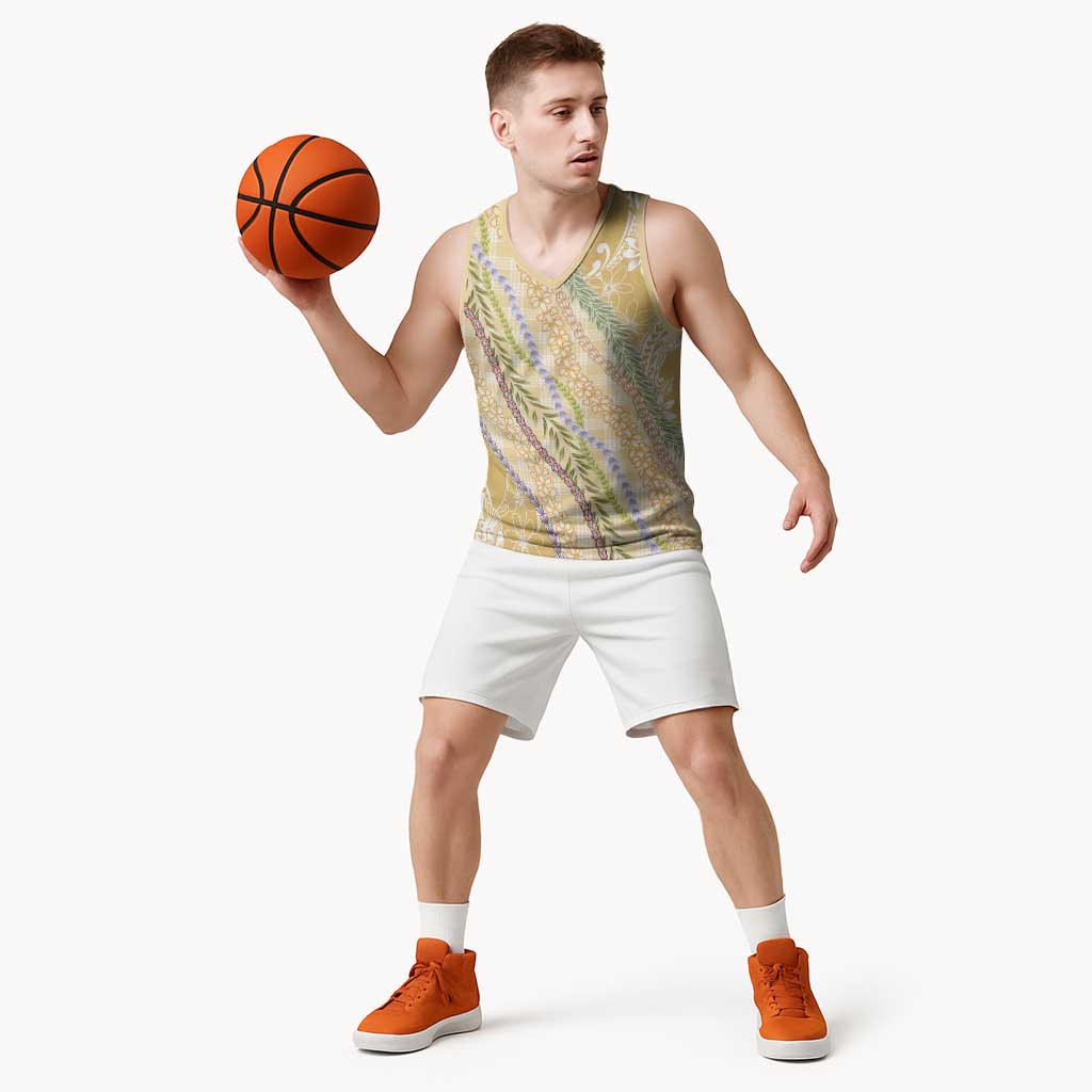 Yellow Palaka Hawaii Leis Basketball Jersey Hawaiian-plaid Elegant Tropical Vibes LT14 - Polynesian Pride