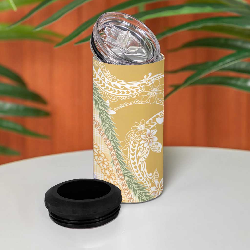 Yellow Palaka Hawaii Leis 4 in 1 Can Cooler Tumbler Hawaiian-plaid Elegant Tropical Vibes LT14 - Polynesian Pride