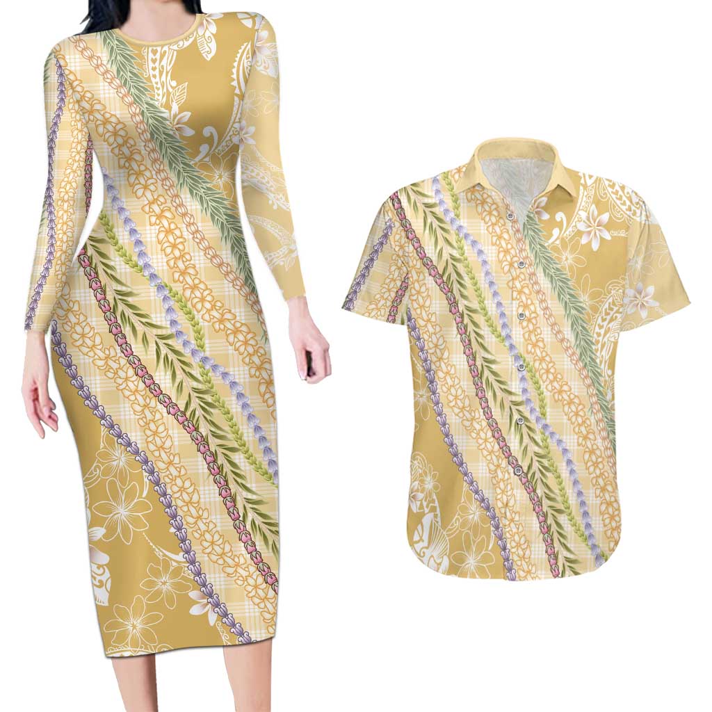 Yellow Palaka Hawaii Leis Couples Matching Long Sleeve Bodycon Dress and Hawaiian Shirt Hawaiian-plaid Elegant Tropical Vibes - Polynesian Pride