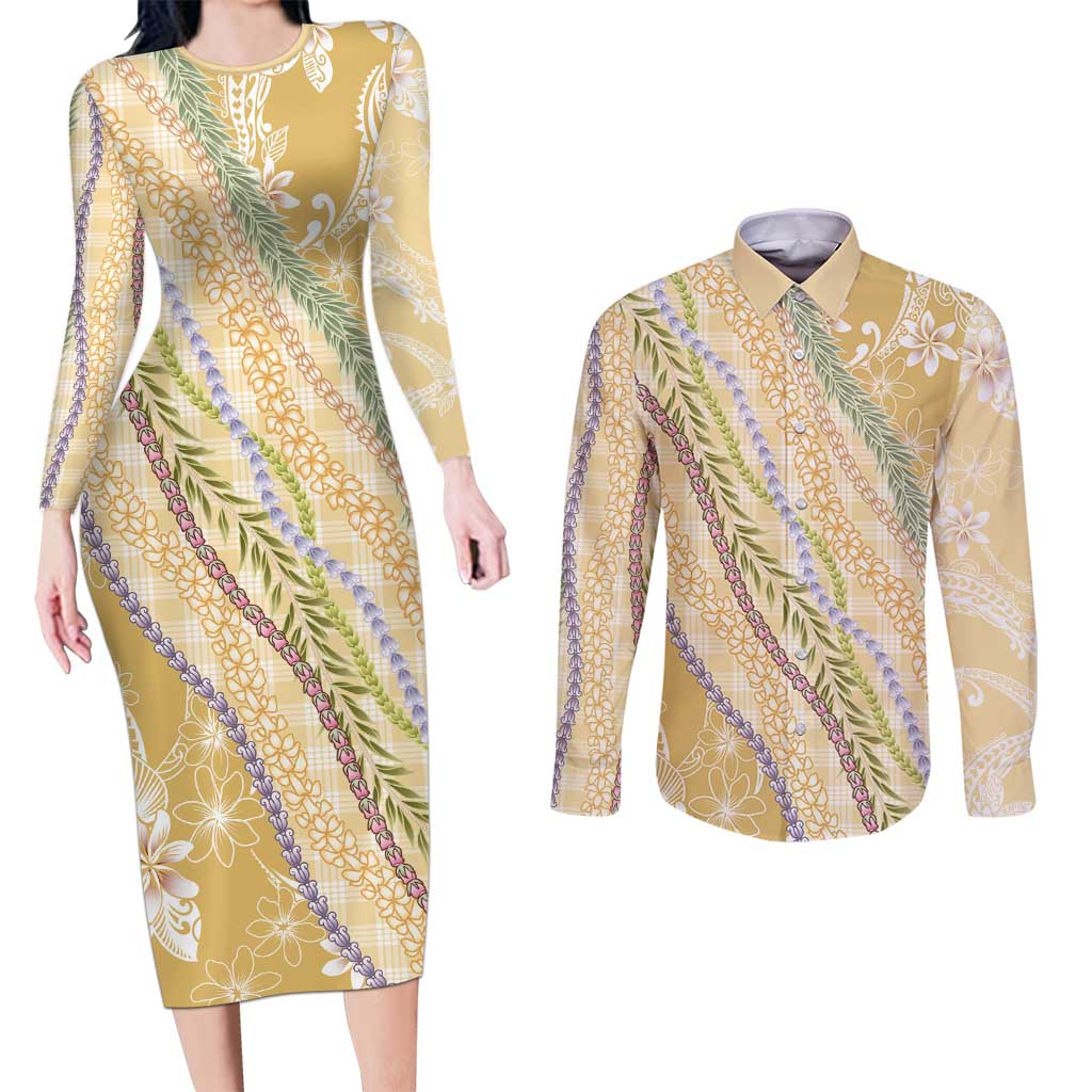 Yellow Palaka Hawaii Leis Couples Matching Long Sleeve Bodycon Dress and Long Sleeve Button Shirt Hawaiian-plaid Elegant Tropical Vibes LT14 Yellow - Polynesian Pride
