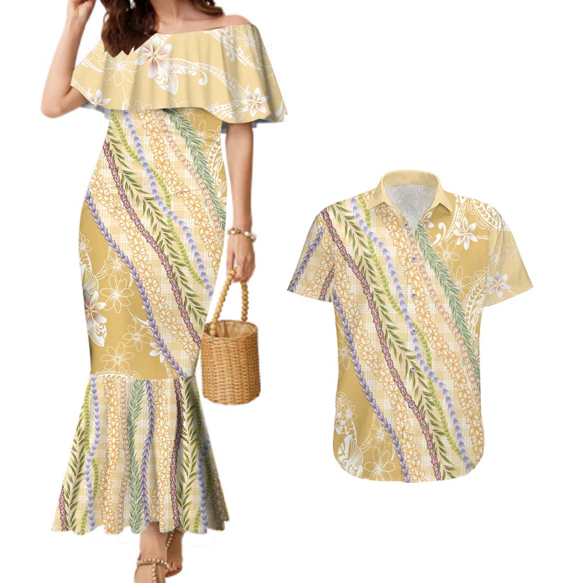Yellow Palaka Hawaii Leis Couples Matching Mermaid Dress and Hawaiian Shirt Hawaiian-plaid Elegant Tropical Vibes - Polynesian Pride