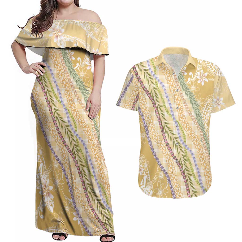 Yellow Palaka Hawaii Leis Couples Matching Off Shoulder Maxi Dress and Hawaiian Shirt Hawaiian-plaid Elegant Tropical Vibes LT14 Yellow - Polynesian Pride
