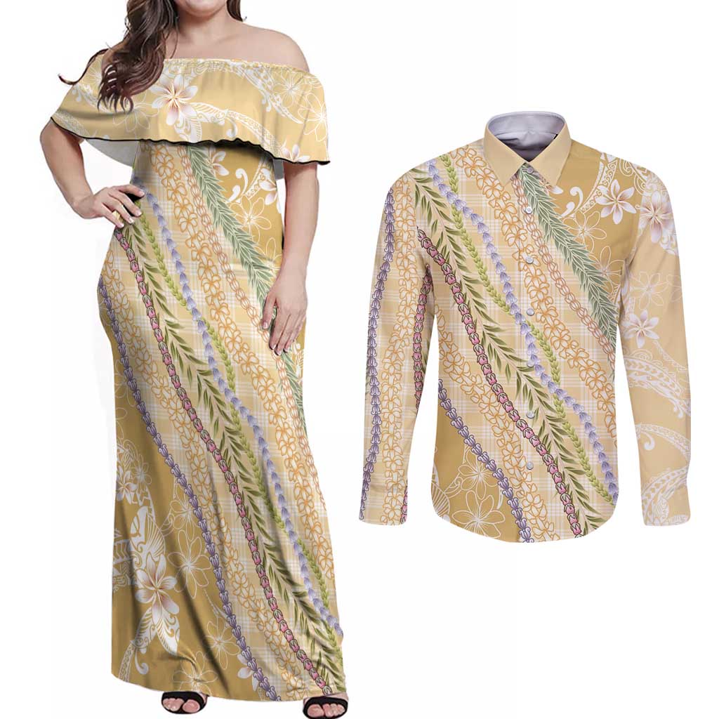 Yellow Palaka Hawaii Leis Couples Matching Off Shoulder Maxi Dress and Long Sleeve Button Shirt Hawaiian-plaid Elegant Tropical Vibes LT14 Yellow - Polynesian Pride