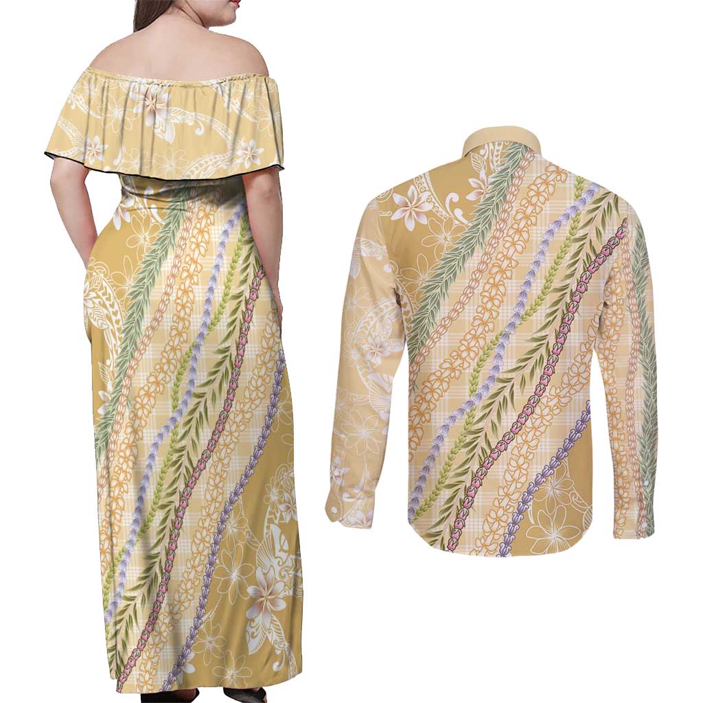 Yellow Palaka Hawaii Leis Couples Matching Off Shoulder Maxi Dress and Long Sleeve Button Shirt Hawaiian-plaid Elegant Tropical Vibes LT14 - Polynesian Pride