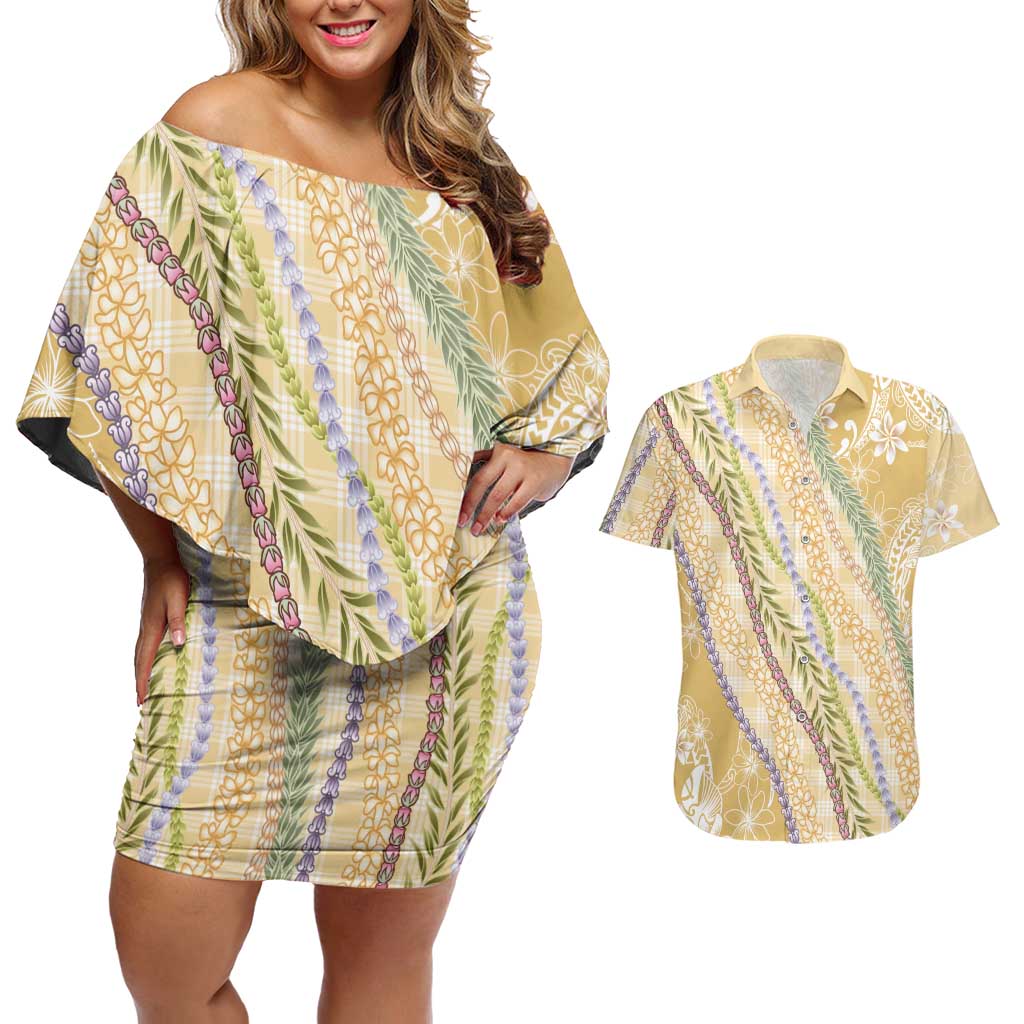 Yellow Palaka Hawaii Leis Couples Matching Off Shoulder Short Dress and Hawaiian Shirt Hawaiian-plaid Elegant Tropical Vibes LT14 Yellow - Polynesian Pride