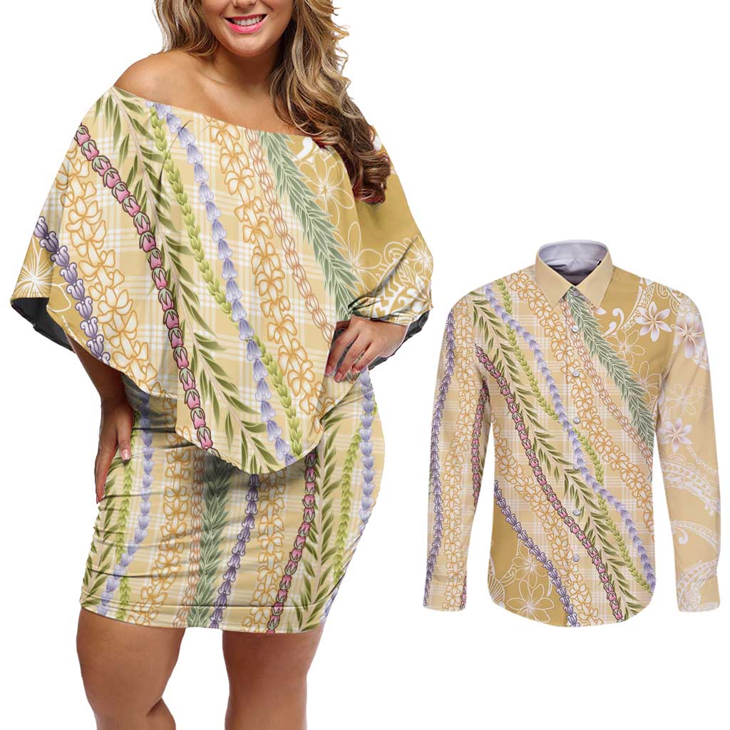 Yellow Palaka Hawaii Leis Couples Matching Off Shoulder Short Dress and Long Sleeve Button Shirt Hawaiian-plaid Elegant Tropical Vibes - Polynesian Pride