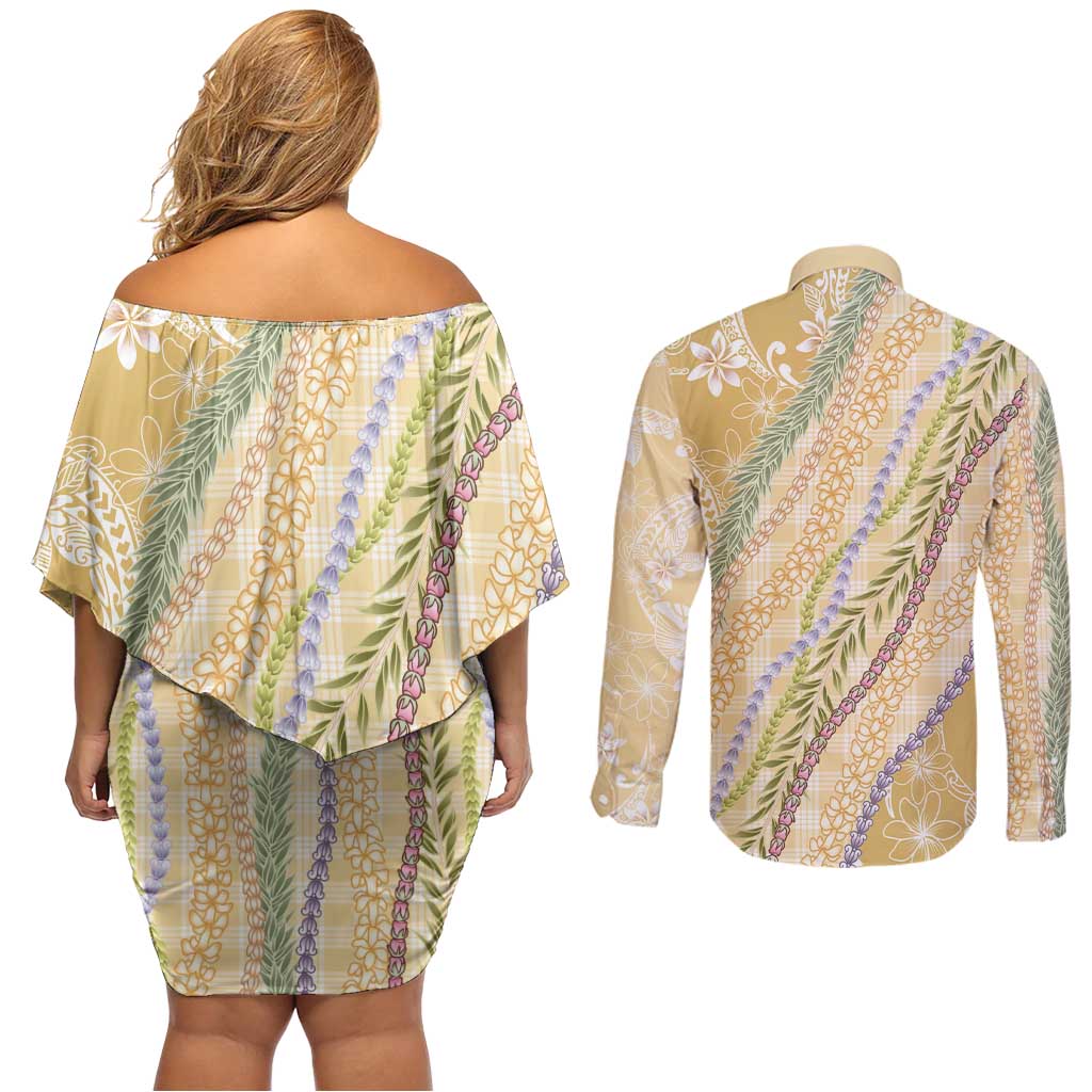 Yellow Palaka Hawaii Leis Couples Matching Off Shoulder Short Dress and Long Sleeve Button Shirt Hawaiian-plaid Elegant Tropical Vibes LT14 - Polynesian Pride