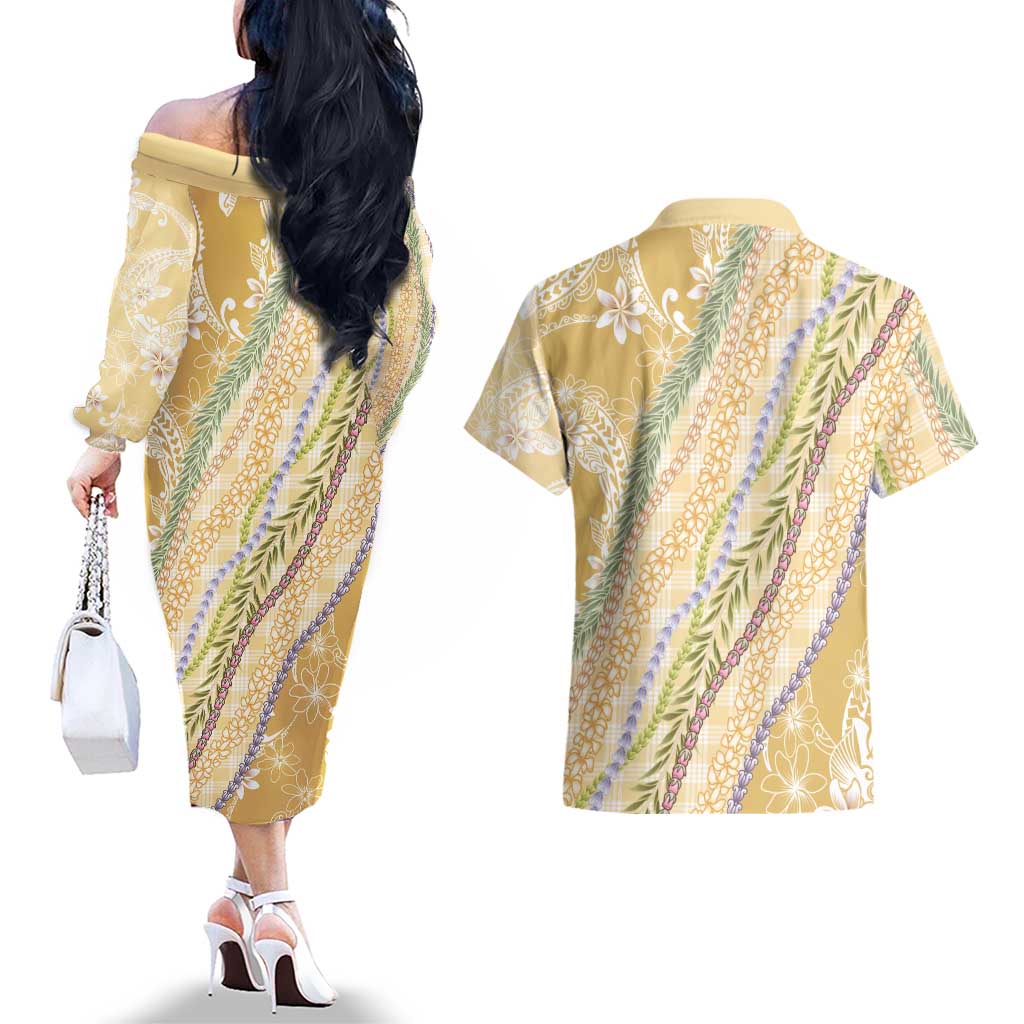 Yellow Palaka Hawaii Leis Couples Matching Off The Shoulder Long Sleeve Dress and Hawaiian Shirt Hawaiian-plaid Elegant Tropical Vibes LT14 - Polynesian Pride