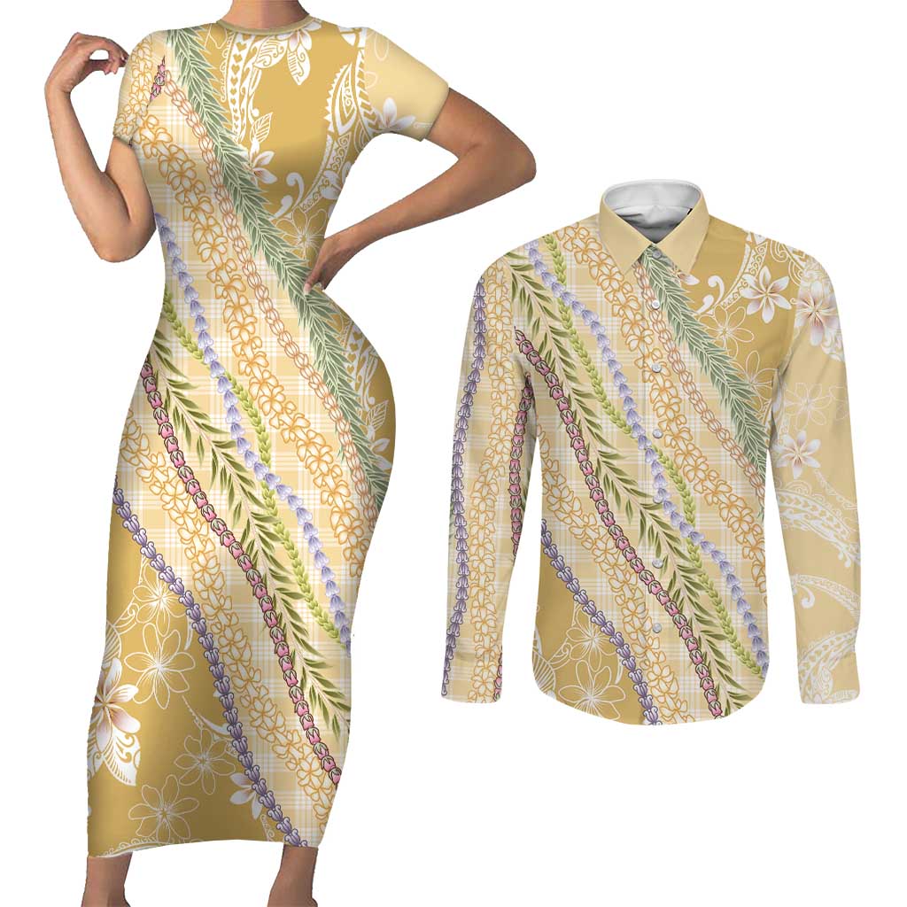 Yellow Palaka Hawaii Leis Couples Matching Short Sleeve Bodycon Dress and Long Sleeve Button Shirt Hawaiian-plaid Elegant Tropical Vibes LT14 Yellow - Polynesian Pride