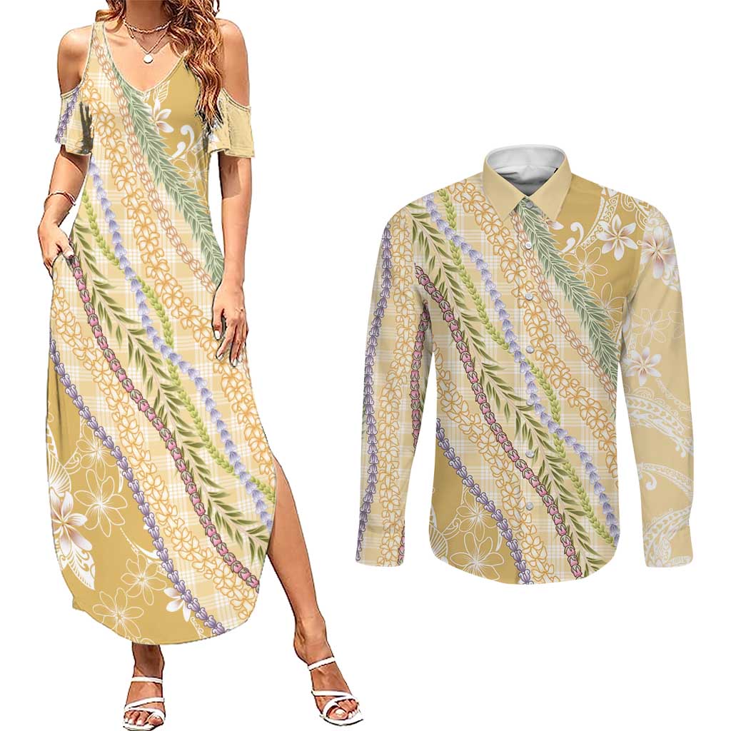 Yellow Palaka Hawaii Leis Couples Matching Summer Maxi Dress and Long Sleeve Button Shirt Hawaiian-plaid Elegant Tropical Vibes LT14 Yellow - Polynesian Pride