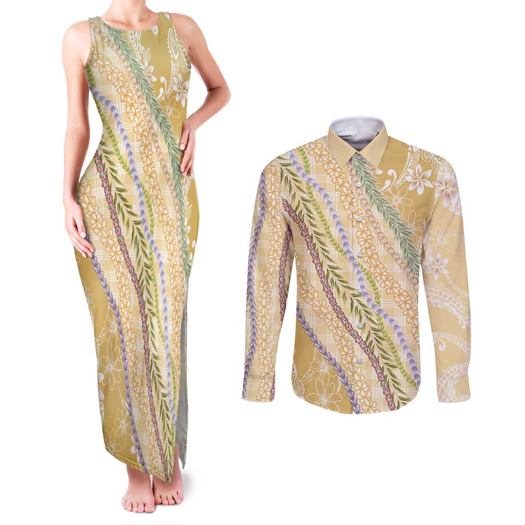 Yellow Palaka Hawaii Leis Couples Matching Tank Maxi Dress and Long Sleeve Button Shirt Hawaiian-plaid Elegant Tropical Vibes LT14 Yellow - Polynesian Pride