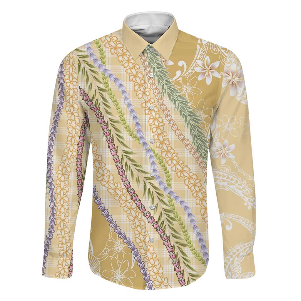Yellow Palaka Hawaii Leis Family Matching Off The Shoulder Long Sleeve Dress and Hawaiian Shirt Hawaiian-plaid Elegant Tropical Vibes LT14 Dad's Shirt - Long Sleeve Yellow - Polynesian Pride