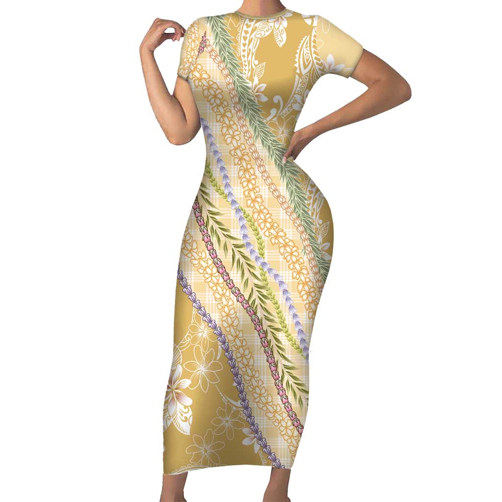Yellow Palaka Hawaii Leis Family Matching Short Sleeve Bodycon Dress and Hawaiian Shirt Hawaiian-plaid Elegant Tropical Vibes LT14 Mom's Dress Yellow - Polynesian Pride