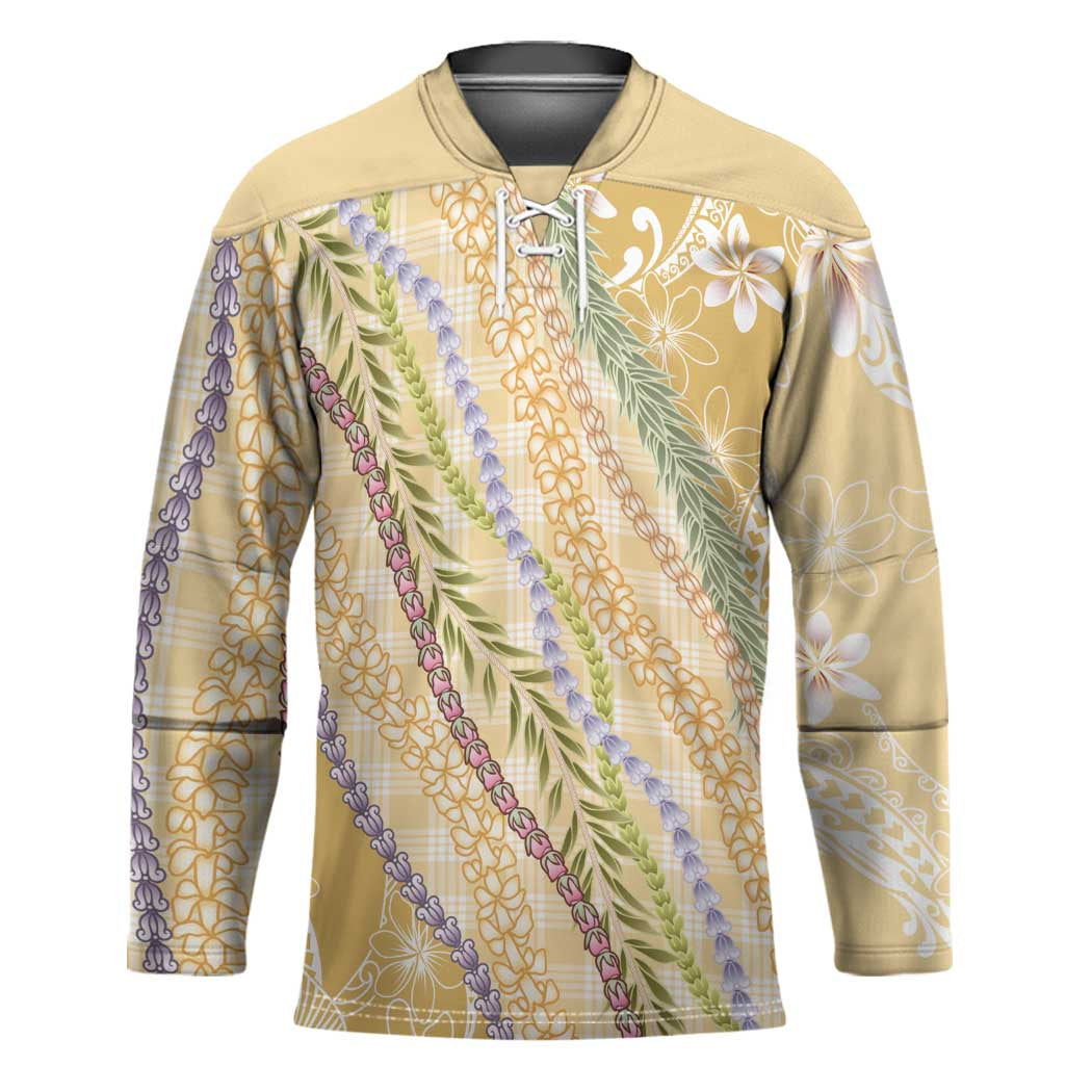 Yellow Palaka Hawaii Leis Hockey Jersey Hawaiian-plaid Elegant Tropical Vibes - Polynesian Pride