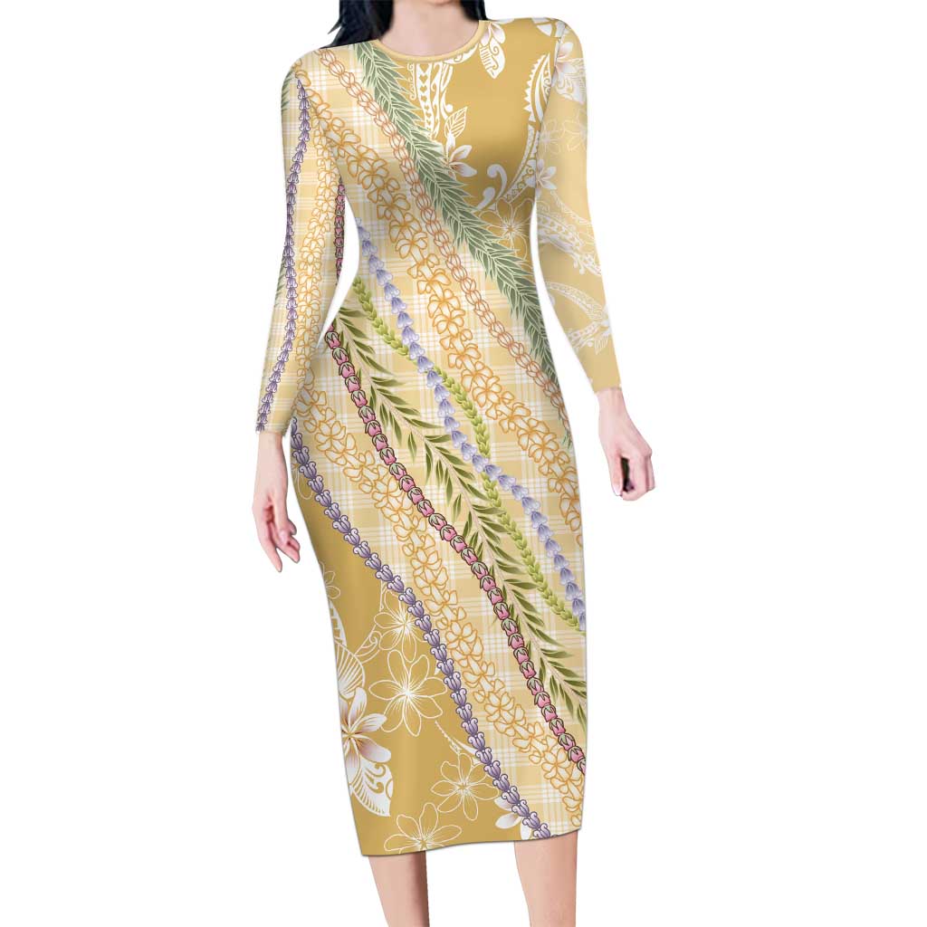 Yellow Palaka Hawaii Leis Long Sleeve Bodycon Dress Hawaiian-plaid Elegant Tropical Vibes - Polynesian Pride