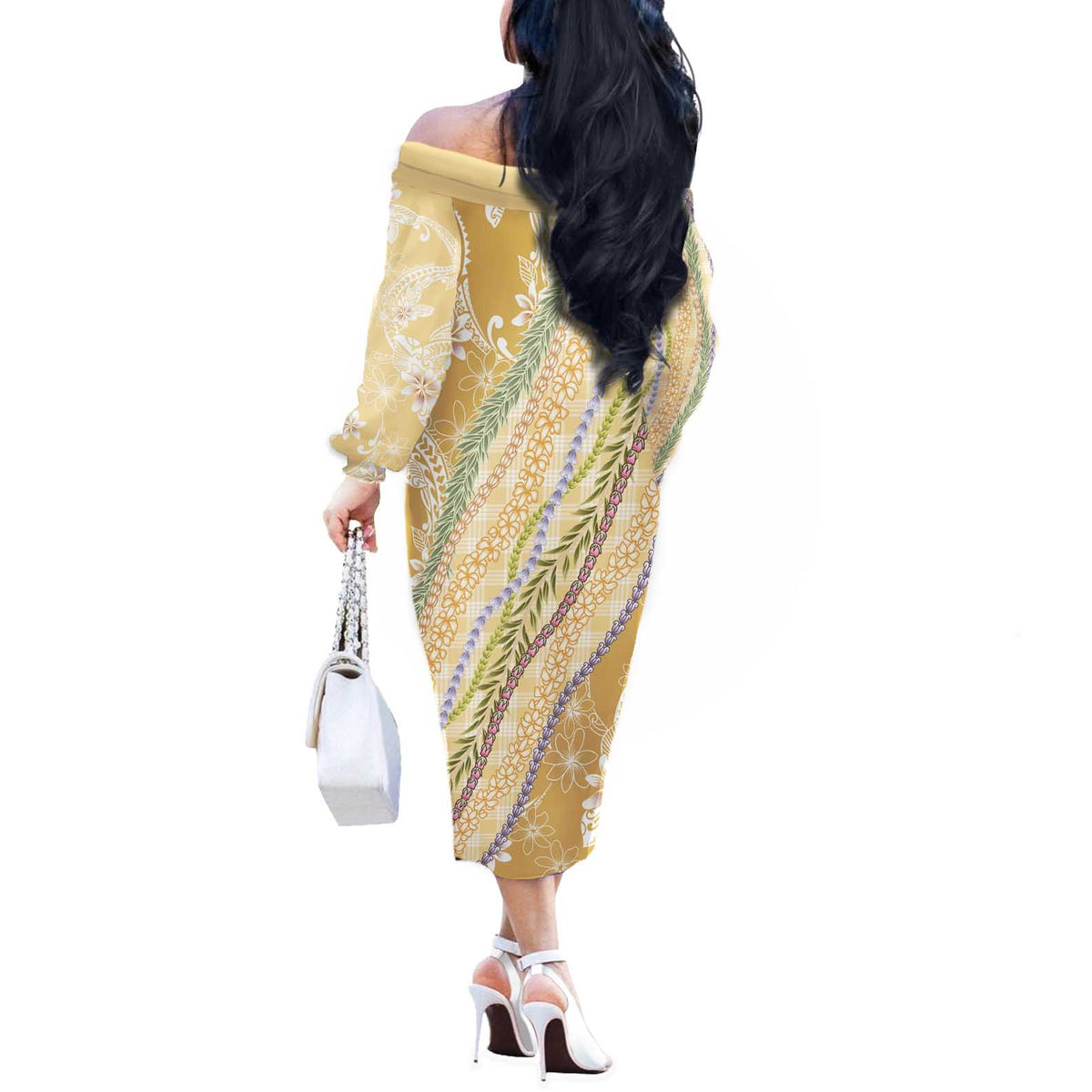 Yellow Palaka Hawaii Leis Off The Shoulder Long Sleeve Dress Hawaiian-plaid Elegant Tropical Vibes LT14 - Polynesian Pride