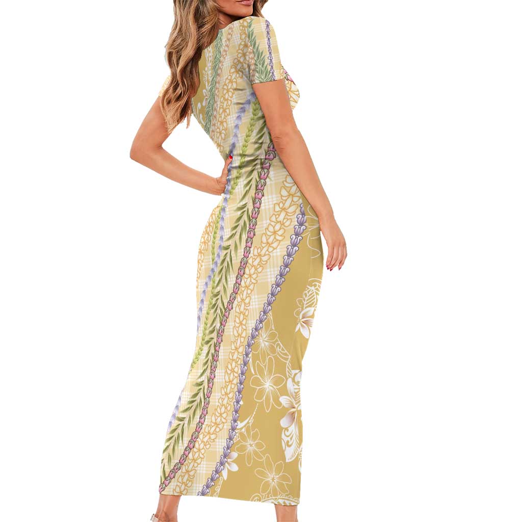 Yellow Palaka Hawaii Leis Short Sleeve Bodycon Dress Hawaiian-plaid Elegant Tropical Vibes - Polynesian Pride