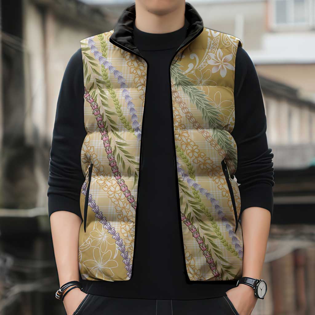 Yellow Palaka Hawaii Leis Sleeveless Puffer Jacket Hawaiian-plaid Elegant Tropical Vibes - Polynesian Pride