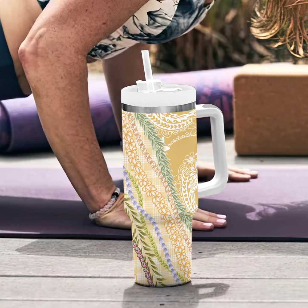 Yellow Palaka Hawaii Leis Tumbler With Handle Hawaiian-plaid Elegant Tropical Vibes - Polynesian Pride