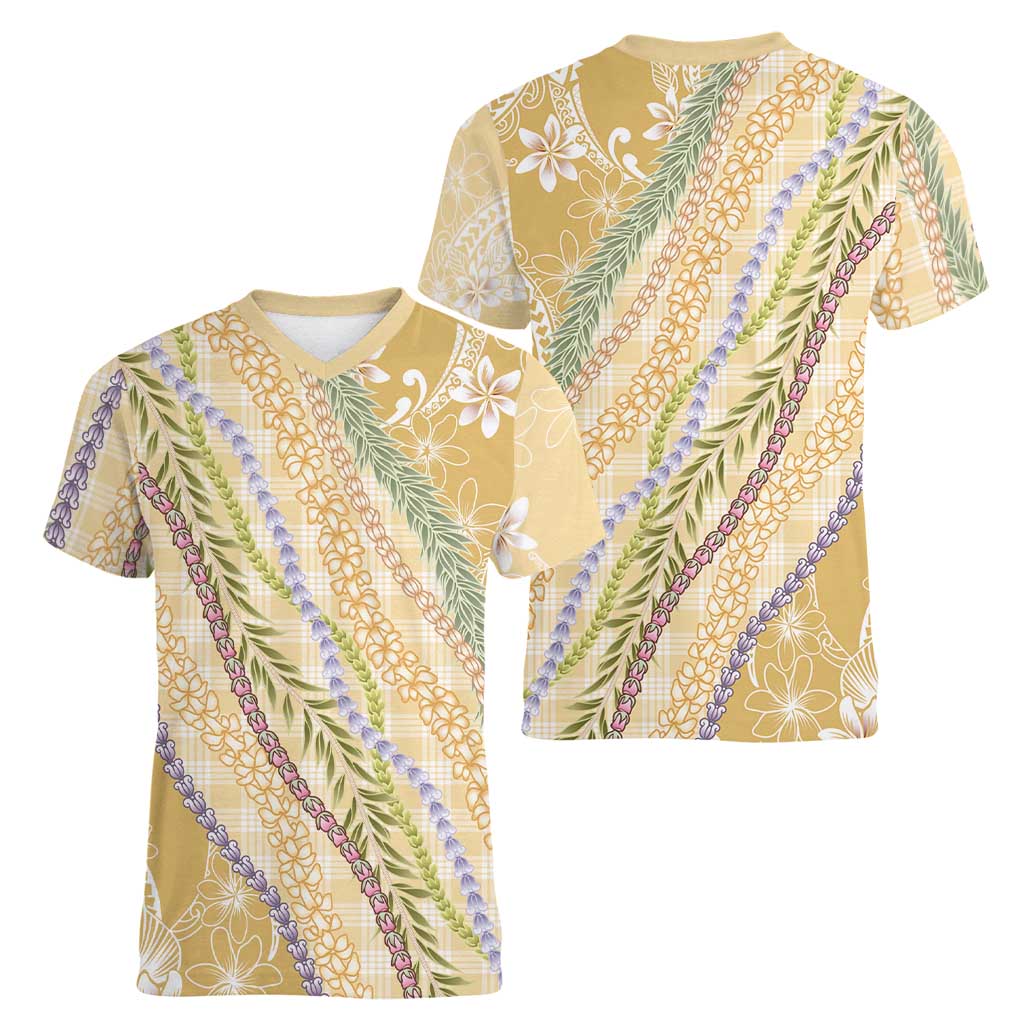 Yellow Palaka Hawaii Leis Women V-Neck T-Shirt Hawaiian-plaid Elegant Tropical Vibes LT14 - Polynesian Pride