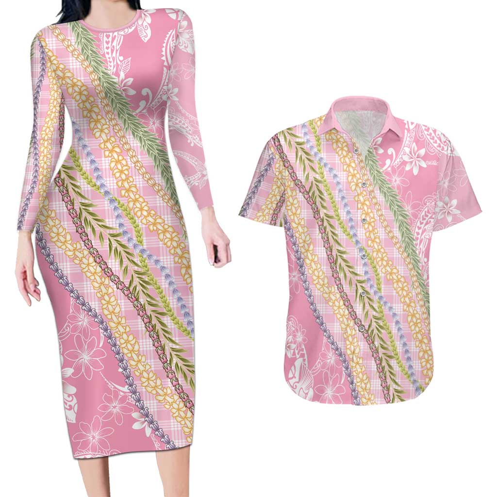 Pink Palaka Hawaii Leis Couples Matching Long Sleeve Bodycon Dress and Hawaiian Shirt Hawaiian-plaid Elegant Tropical Vibes - Polynesian Pride